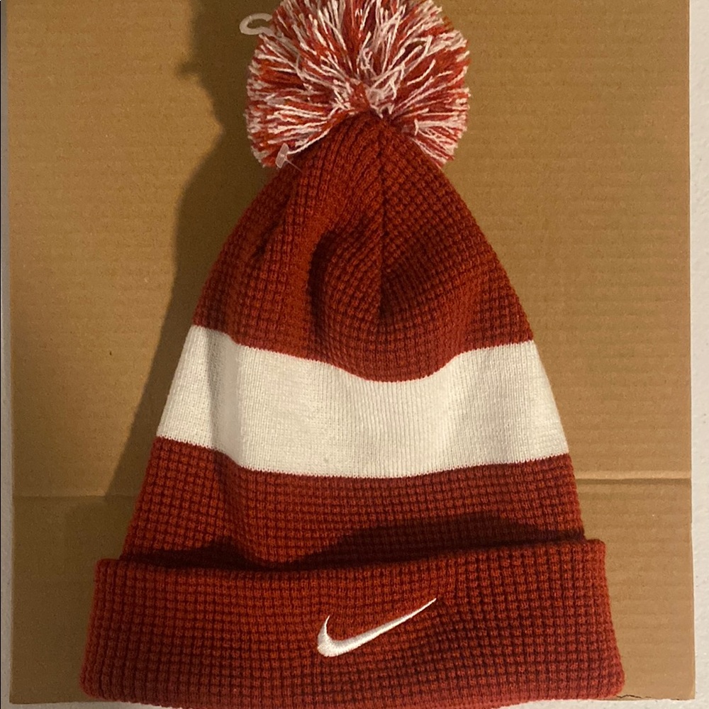Nike Red and White Striped Knit Hat with Pom